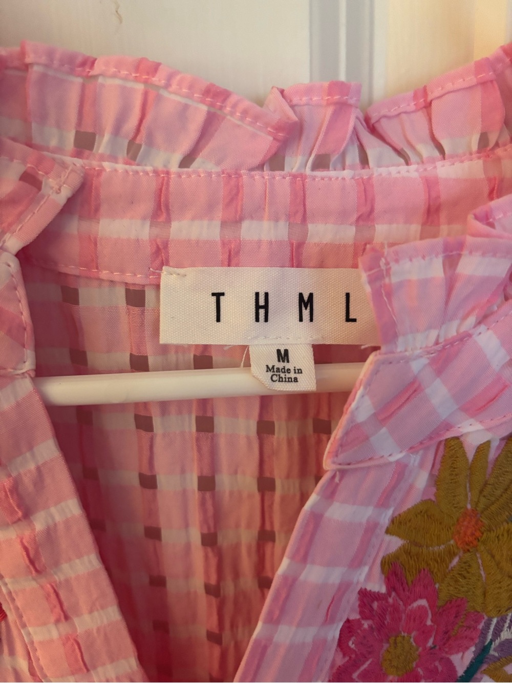 THML Pink Gingham Flutter Sleeve Top with Floral Embroidery - Picture 4 of 4